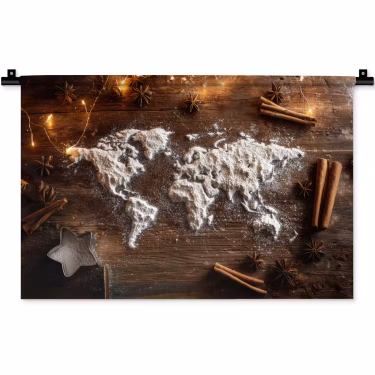 Wereldkaart - Poedersuiker - Hout Wandkleed katoen klein -zz3d