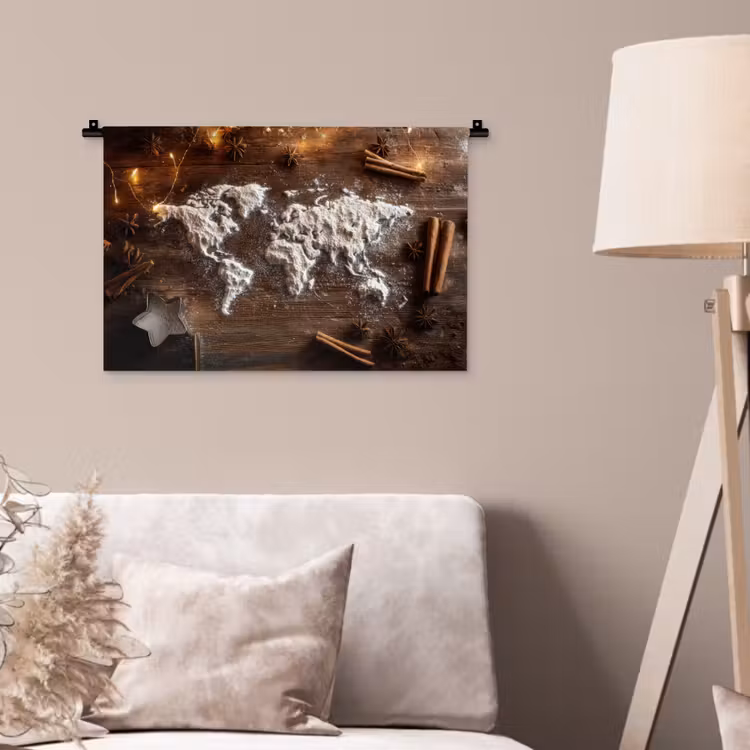 Wereldkaart - Poedersuiker - Hout Wandkleed katoen klein -sfeer4