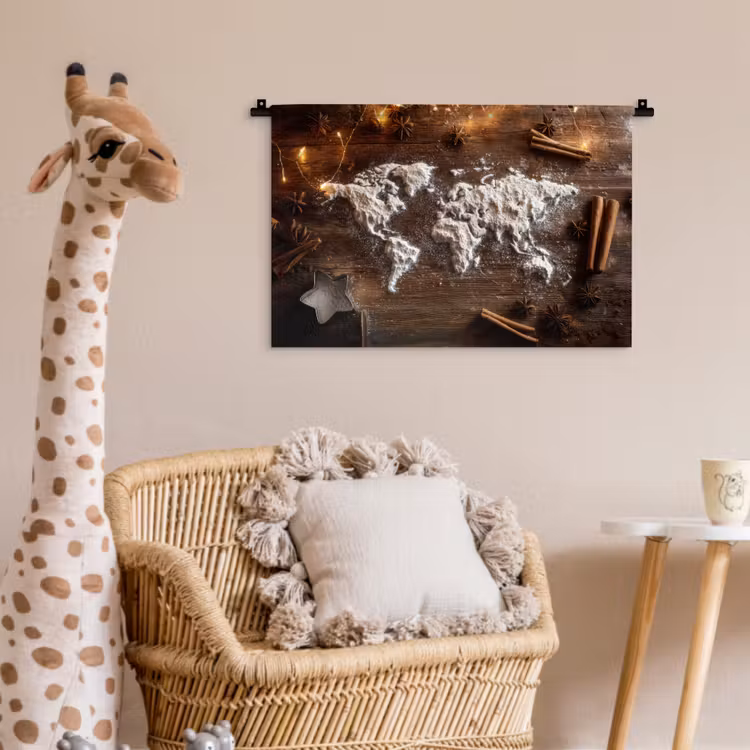 Wereldkaart - Poedersuiker - Hout Wandkleed katoen klein -wsfeer5_kind