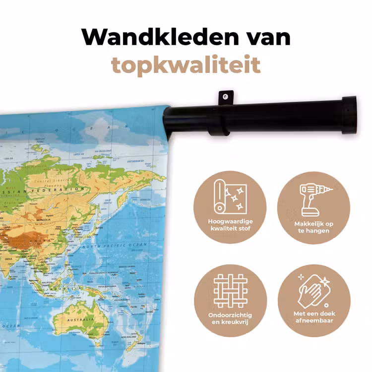 Wereldkaart - Staatkundig - Blauw - Aarde - Educatief Wandkleed katoen klein -sfeer2
