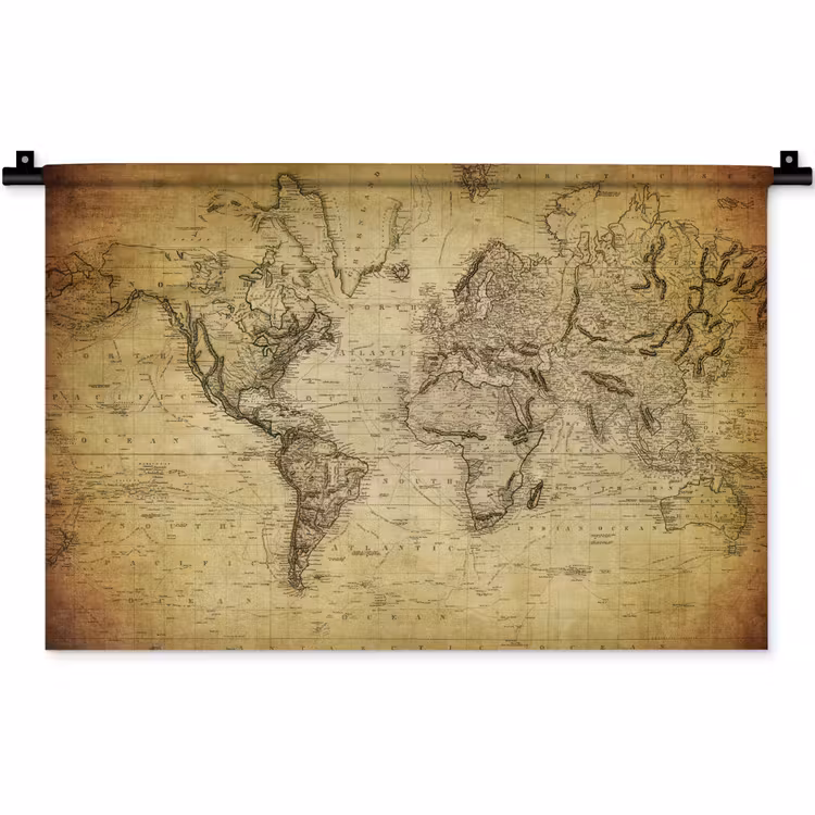 Wereldkaart - Vintage - Antiek - Bruin - Papier Wandkleed katoen klein -zz3d