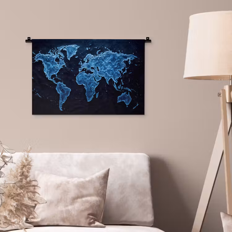 Wereldkaart - Waterstructuur - Blauw Wandkleed katoen klein -sfeer4
