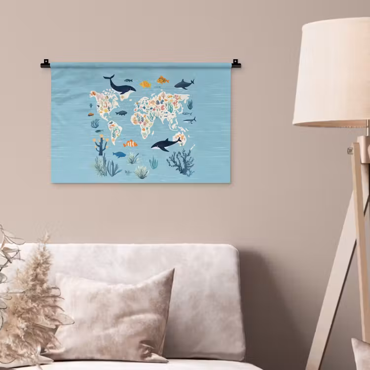 Wereldkaart - Zeeleven - Blauw Wandkleed katoen klein -sfeer4