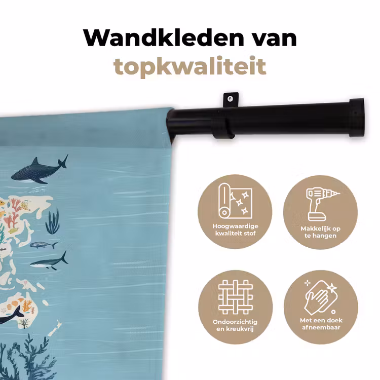 Wereldkaart - Zeeleven - Blauw Wandkleed katoen klein -sfeer2