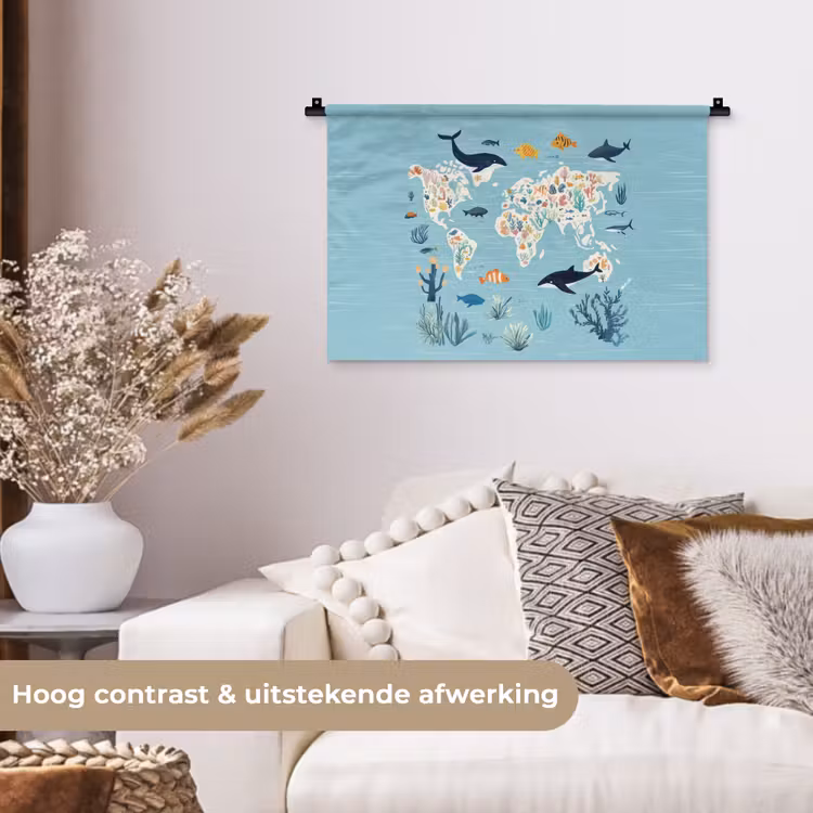 Wereldkaart - Zeeleven - Blauw Wandkleed katoen klein -sfeer1