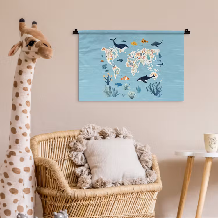 Wereldkaart - Zeeleven - Blauw Wandkleed katoen klein -wsfeer5_kind