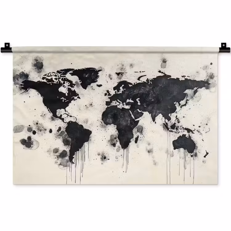 Wereldkaart - Zwart - Inkt Wandkleed katoen klein -zz3d