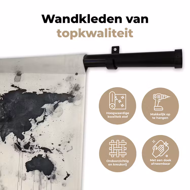 Wereldkaart - Zwart - Inkt Wandkleed katoen klein -sfeer2