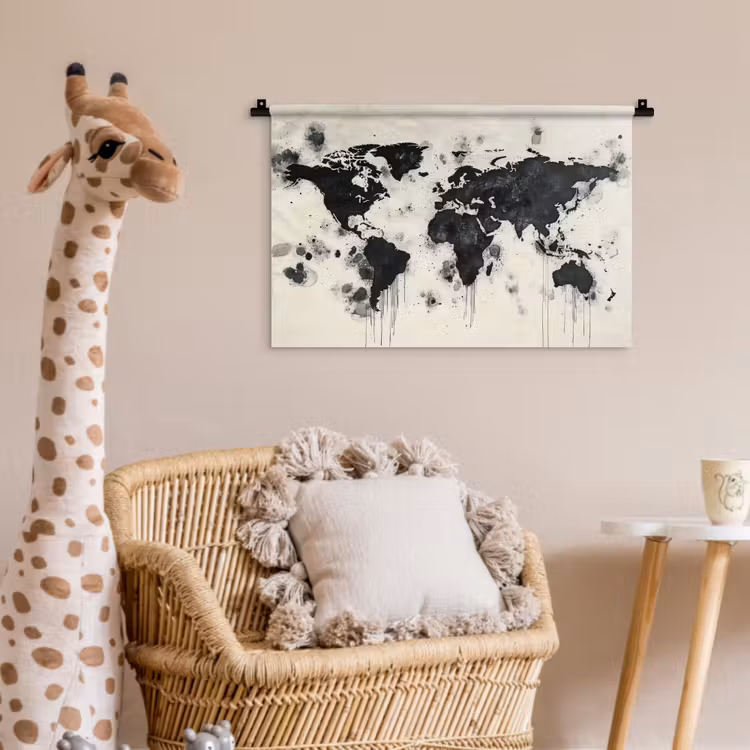 Wereldkaart - Zwart - Inkt Wandkleed katoen klein -wsfeer5_kind