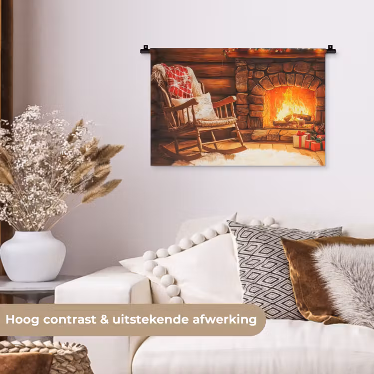 Winter - Kerst - Huis - Openhaard Wandkleed katoen klein -sfeer1