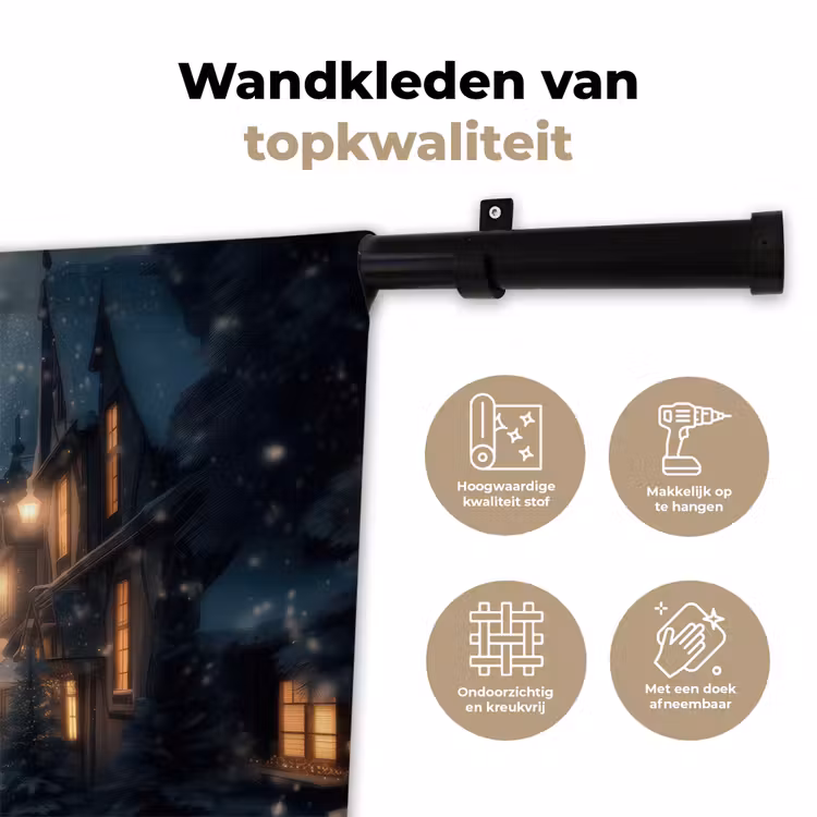 Winterdorp - Sneeuw - Donker Wandkleed katoen klein -sfeer2