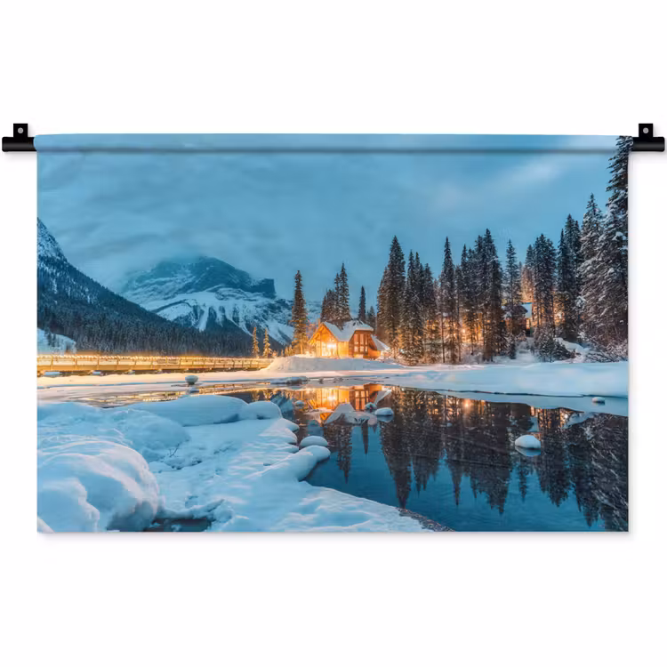 Winterlandschap - Natuur - Huis - Bergen - Sneeuw Wandkleed katoen klein -zz3d