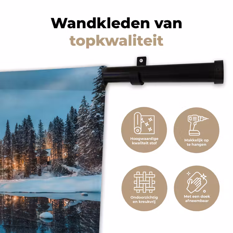 Winterlandschap - Natuur - Huis - Bergen - Sneeuw Wandkleed katoen klein -sfeer2