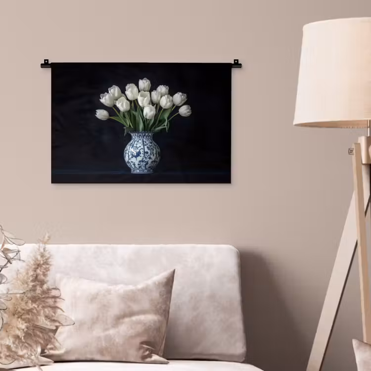 Wit - Bloemen - Tulpen - Vaas Wandkleed katoen klein -sfeer4