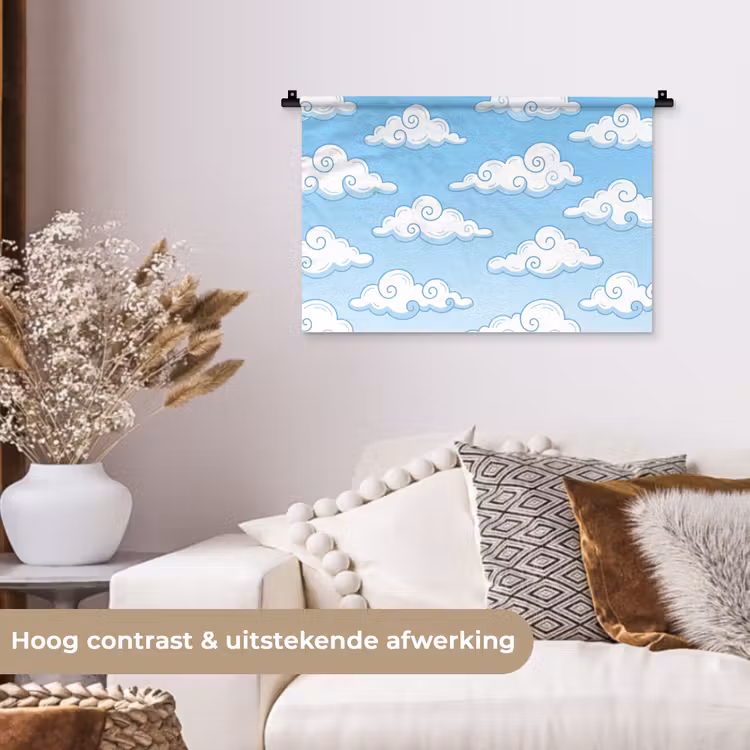 Wolk - Lucht - Cartoon - Blauw - Wit Wandkleed katoen klein -sfeer1