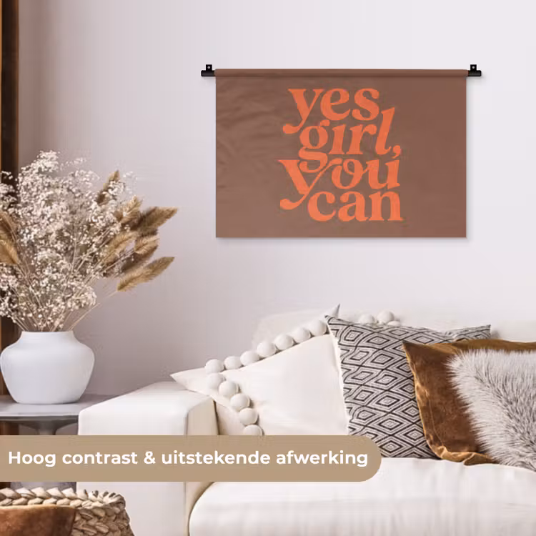 Yes girl you can - Oranje - Bruin Wandkleed katoen klein -sfeer1