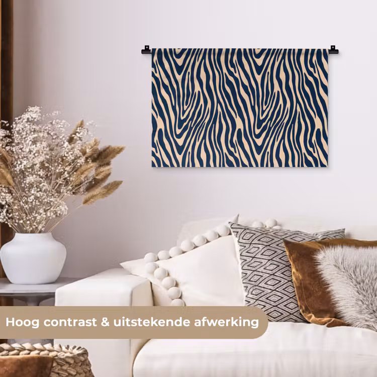 Zebra - Patroon - Blauw - Beige Wandkleed katoen klein 269 -sfeer1