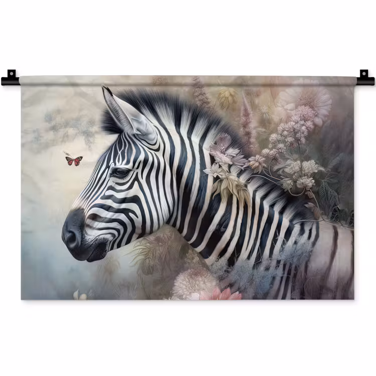 Zebra - Wilde dieren - Vlinder - Bloemen Wandkleed katoen klein -zz3d