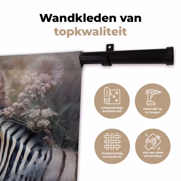 Zebra - Wilde dieren - Vlinder - Bloemen Wandkleed katoen klein -sfeer2