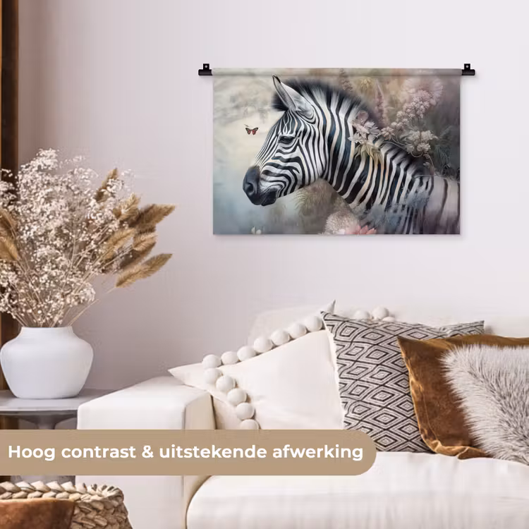 Zebra - Wilde dieren - Vlinder - Bloemen Wandkleed katoen klein -sfeer1