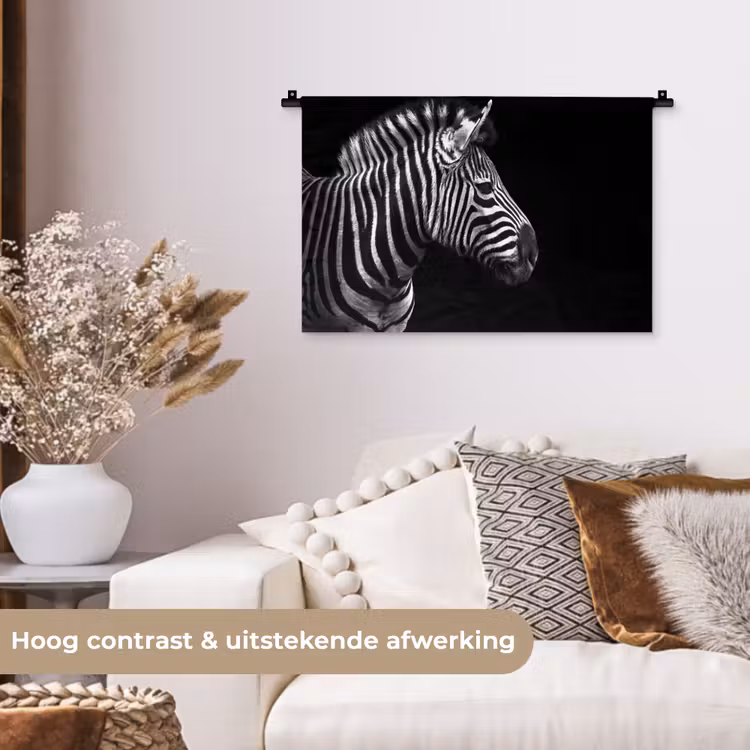 Zebra - Zwart - Wit - Portret - Dieren Wandkleed katoen klein -sfeer1