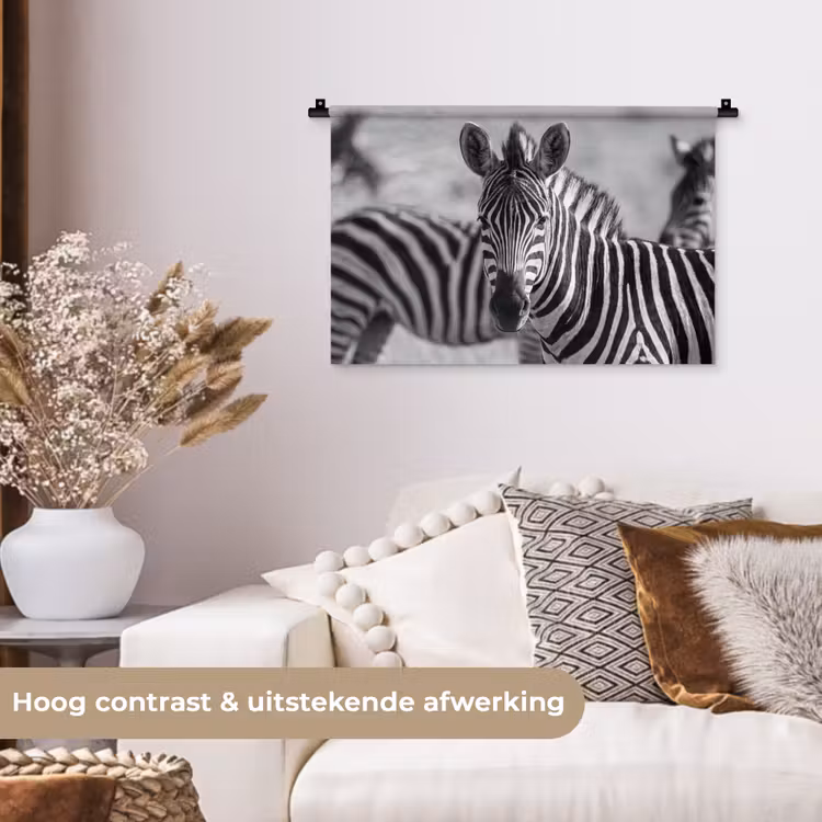 Zebra's - Zwart - Wit Wandkleed katoen klein -sfeer1