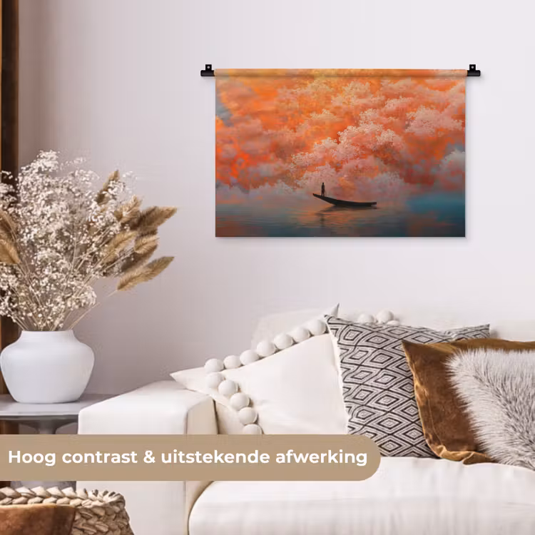 Zee - Boot - Wolken - Oranje Wandkleed katoen klein -sfeer1