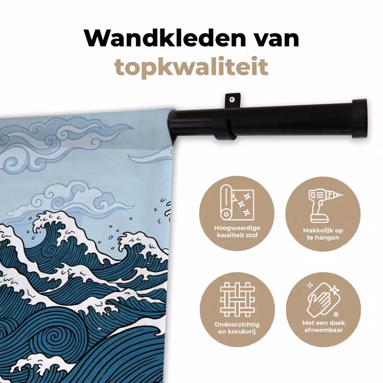 Zee - Golven - Japans - Natuur - Blauw Wandkleed katoen klein -sfeer2