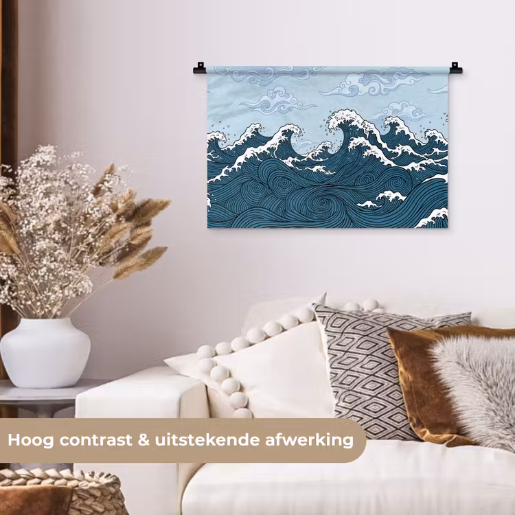 Zee - Golven - Japans - Natuur - Blauw Wandkleed katoen klein -sfeer1