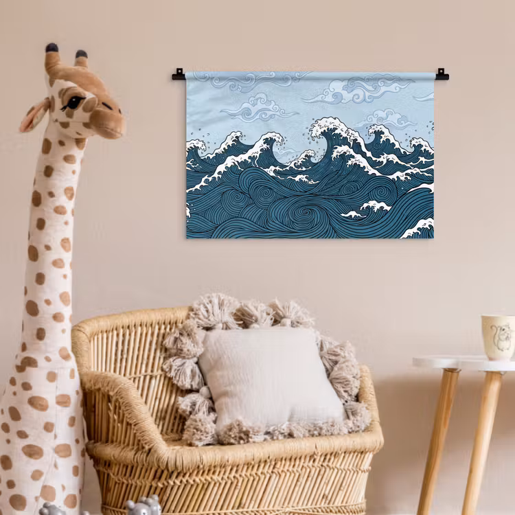 Zee - Golven - Japans - Natuur - Blauw Wandkleed katoen klein -wsfeer5_kind