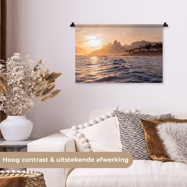 Zee - Golven - Zonsondergang - Kust - Goud Wandkleed katoen klein -sfeer1