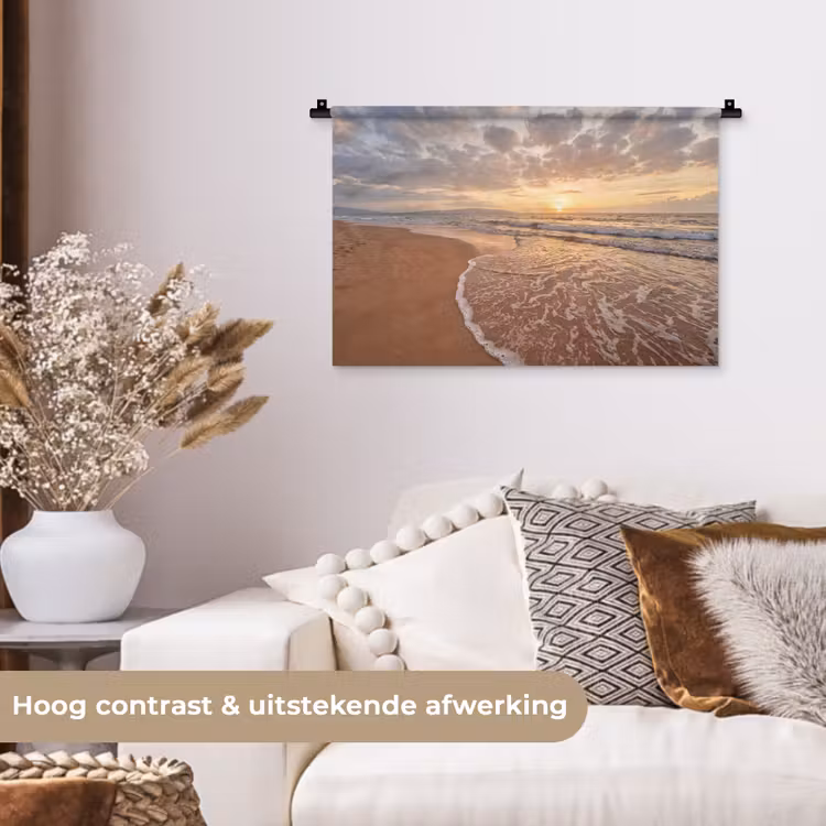 Zee - Kustlijn - Wolken - Landschap - Oranje Wandkleed katoen klein -sfeer1