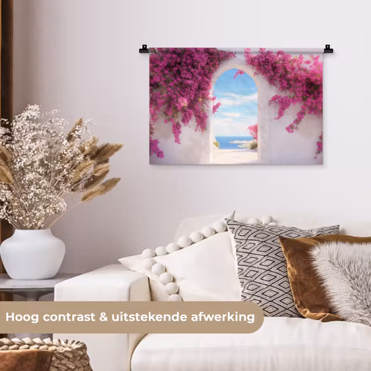 Zee - Roze - Bloemen - Poort Wandkleed katoen klein -sfeer1