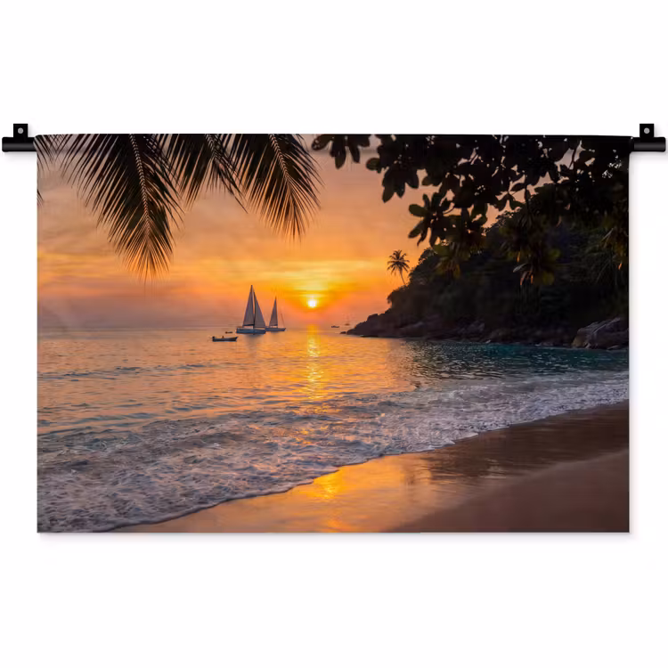 Zee - Zonsondergang - Boot - Natuur - Oranje Wandkleed katoen klein -zz3d