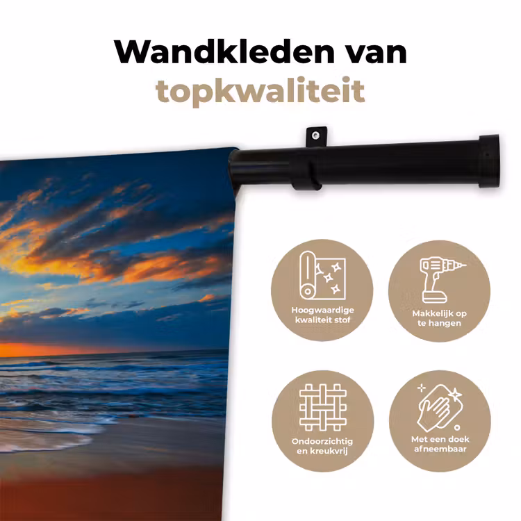 Zee - Zonsondergang - Strand - Wolken - Oranje Wandkleed katoen klein -sfeer2