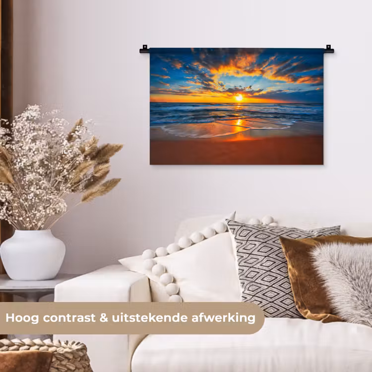 Zee - Zonsondergang - Strand - Wolken - Oranje Wandkleed katoen klein -sfeer1