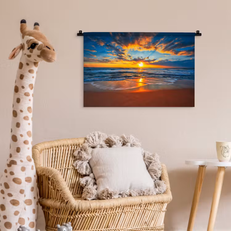 Zee - Zonsondergang - Strand - Wolken - Oranje Wandkleed katoen klein -wsfeer5_kind