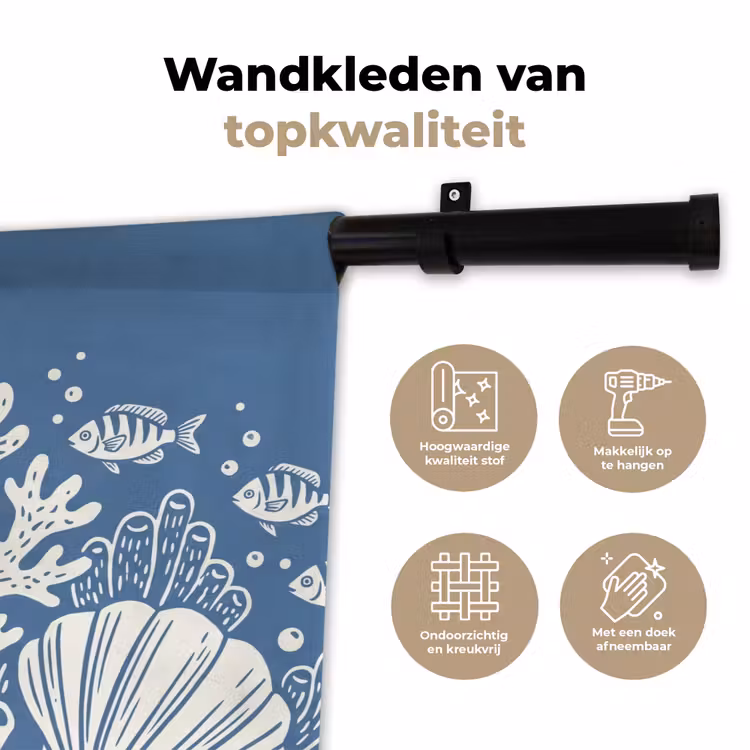 Zeeleven - Koraal - Schelp - Vis - Illustratie - Onderwater Wandkleed katoen klein -sfeer2