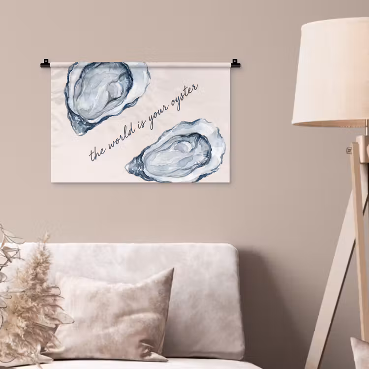 Zeeleven - Oester - Aquarel - Minimalistisch - Blauw Wandkleed katoen klein -sfeer4