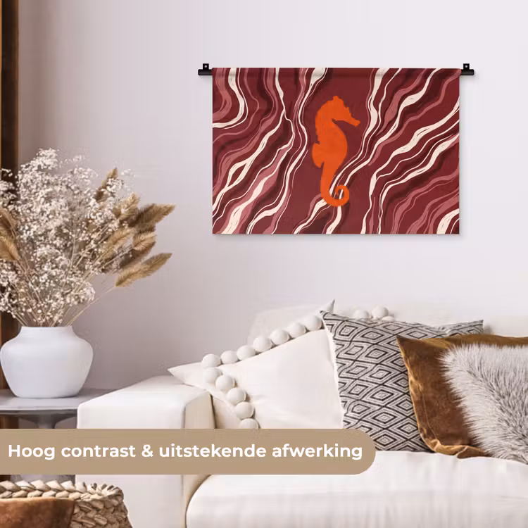 Zeepaardje - Golven - Zeeleven - Abstract - Oranje Wandkleed katoen klein -sfeer1
