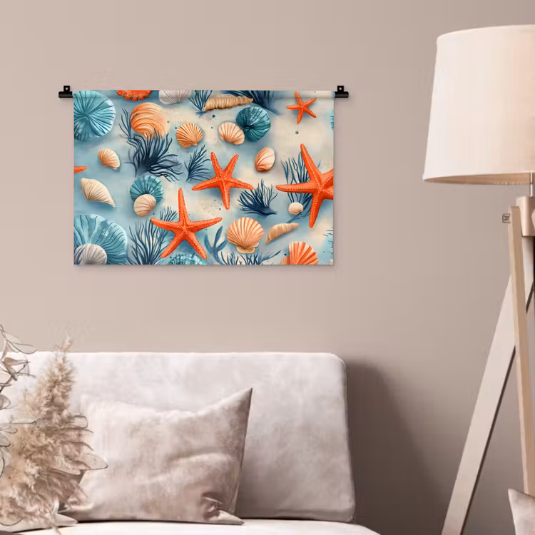 Zeesterren - Schelpen - Illustratie - Zand Wandkleed katoen klein -sfeer4