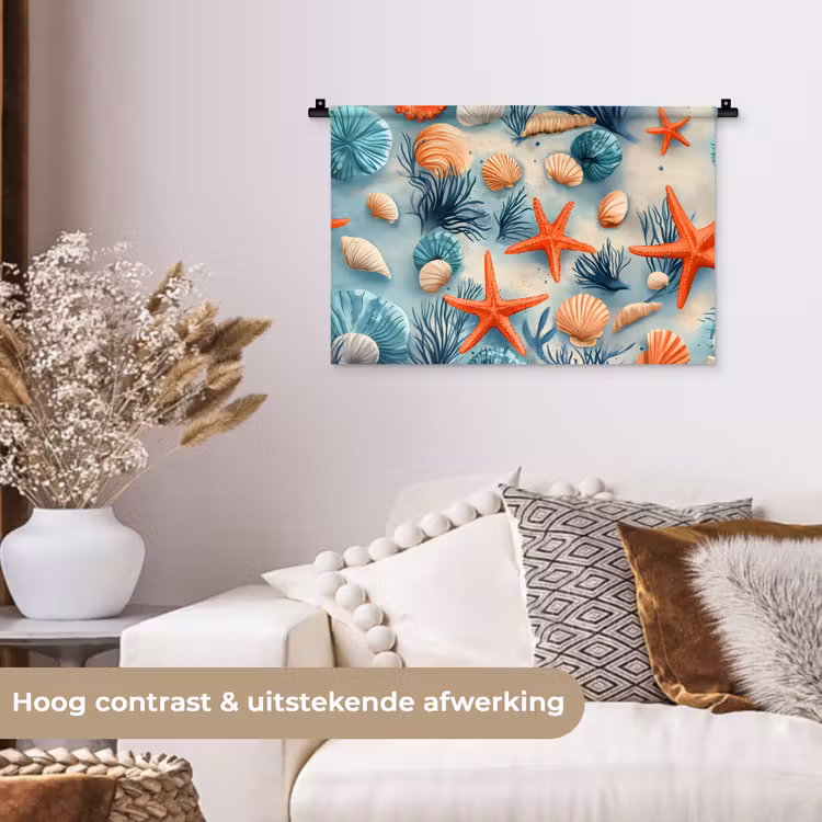 Zeesterren - Schelpen - Illustratie - Zand Wandkleed katoen klein -sfeer1