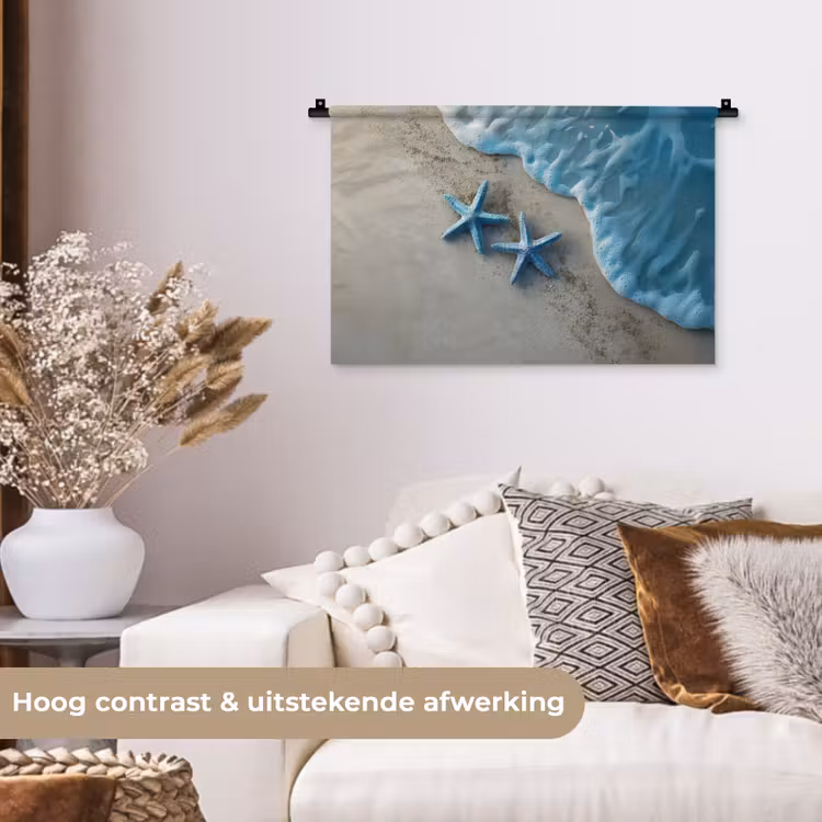Zeesterren - Zand - Zee - Blauw Wandkleed katoen klein -sfeer1