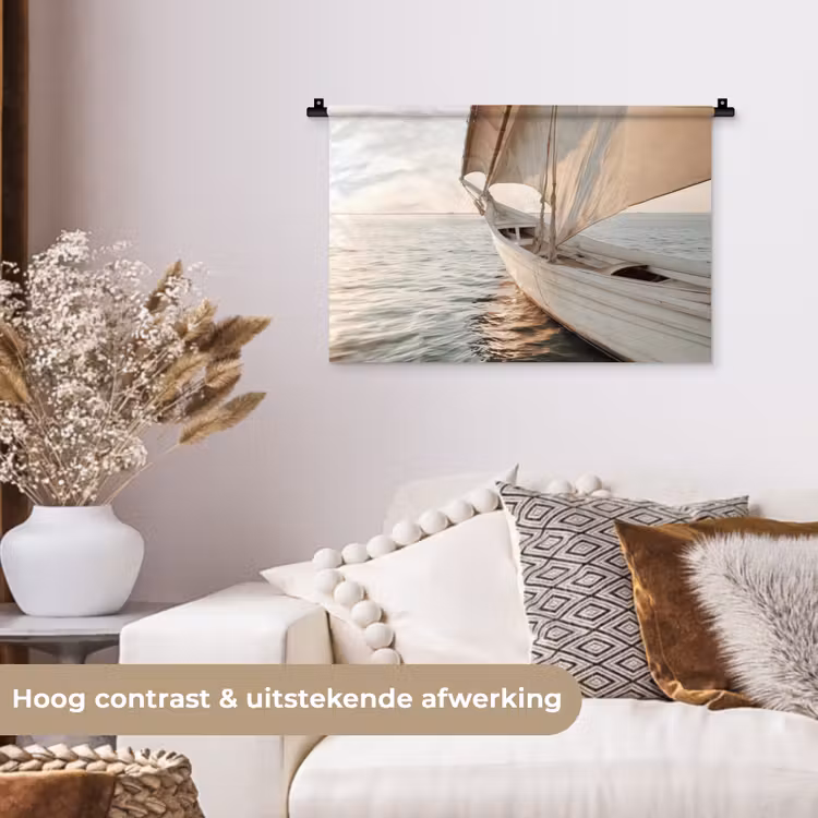 Zeilboot - Zee - Beige - Zon Wandkleed katoen klein -sfeer1