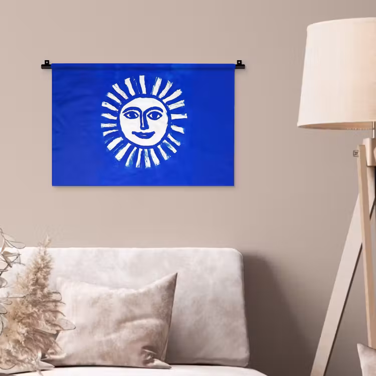 Zon - Gezicht - Penseelstructuur - Blauw Wandkleed katoen klein -sfeer4