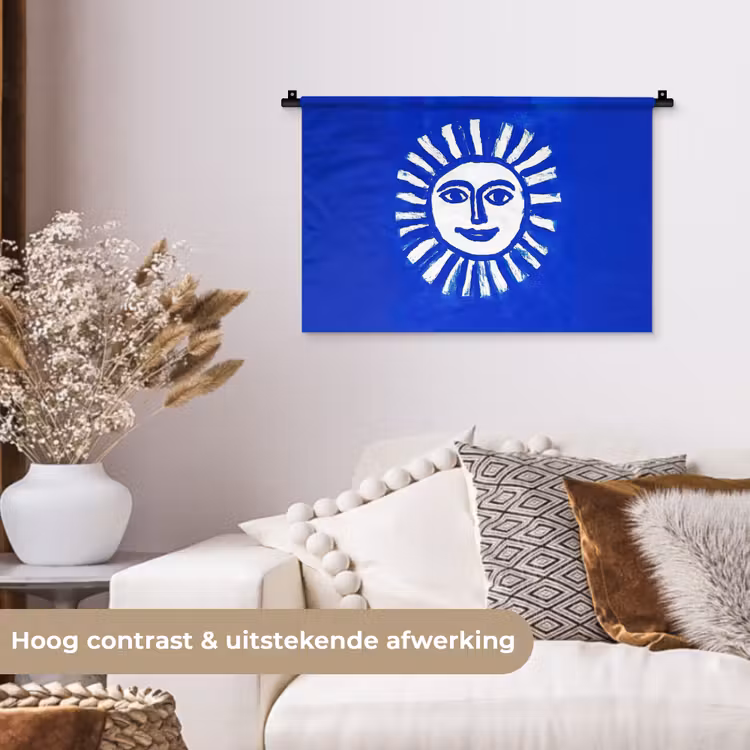 Zon - Gezicht - Penseelstructuur - Blauw Wandkleed katoen klein -sfeer1