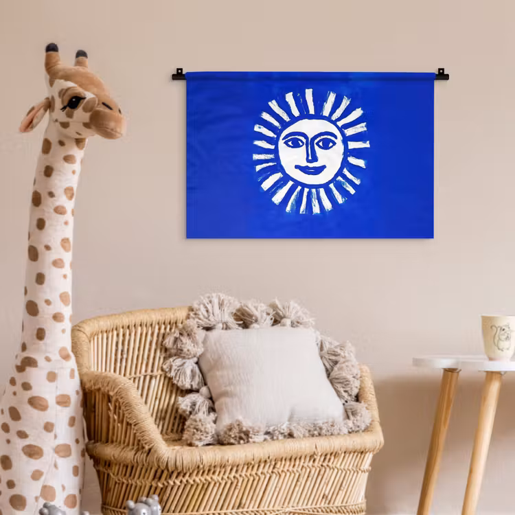 Zon - Gezicht - Penseelstructuur - Blauw Wandkleed katoen klein -wsfeer5_kind