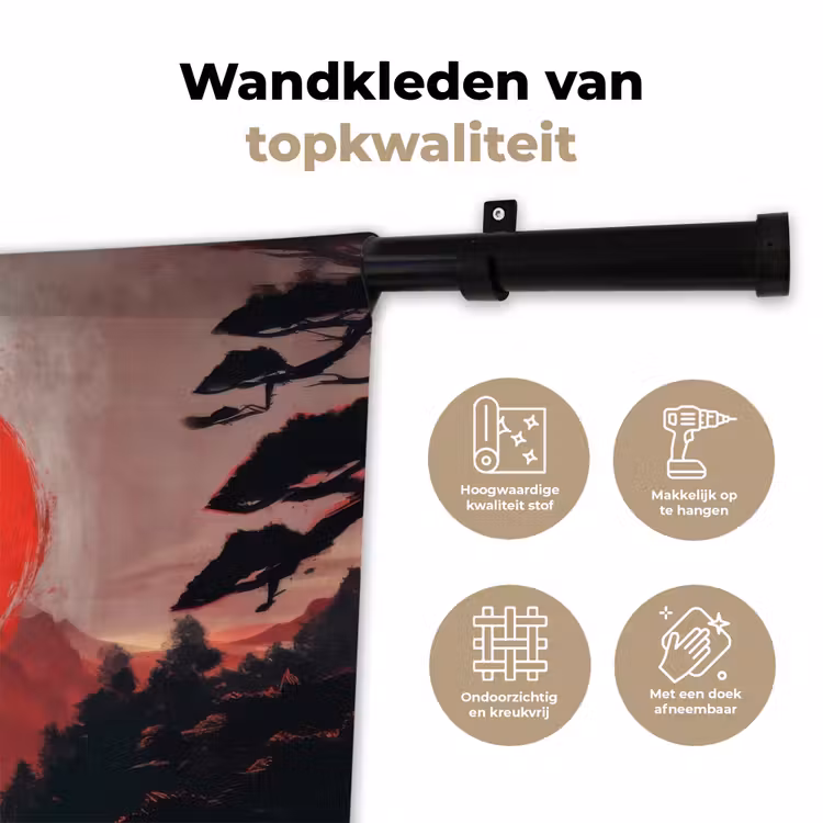 Zon - Krijger - Bomen - Bergen Wandkleed katoen klein -sfeer2