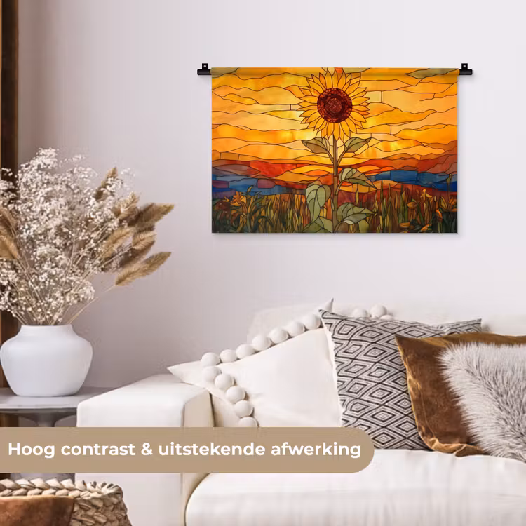 Zonnebloem - Mozaïek - Zonsondergang - Geel Wandkleed katoen klein -sfeer1
