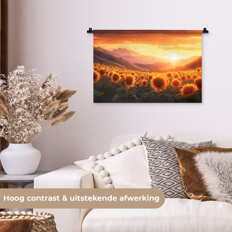 Zonnebloemen - Zonsondergang - Landschap Wandkleed katoen klein -sfeer1